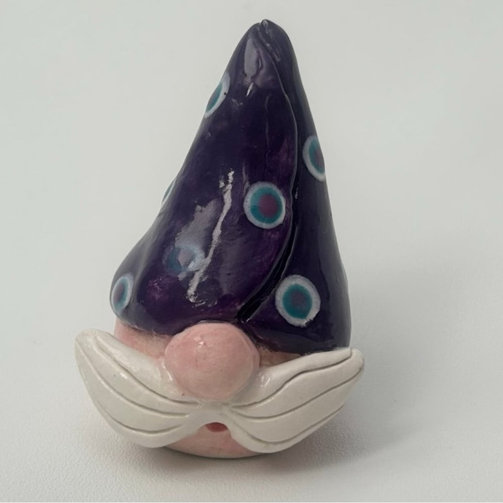 Handmade Ceramic Gnome Figurine – Purple Polka Dot Hat – OOAK Shelf Decor Gift
